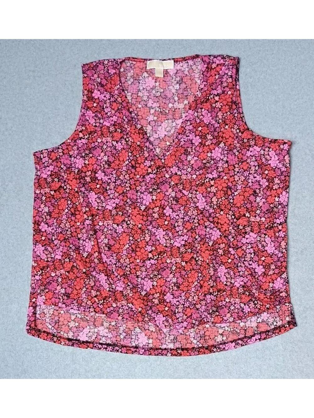Michael Kors Sleeveless Vneck Blouse Womens Size Large Pink And Red Floral...